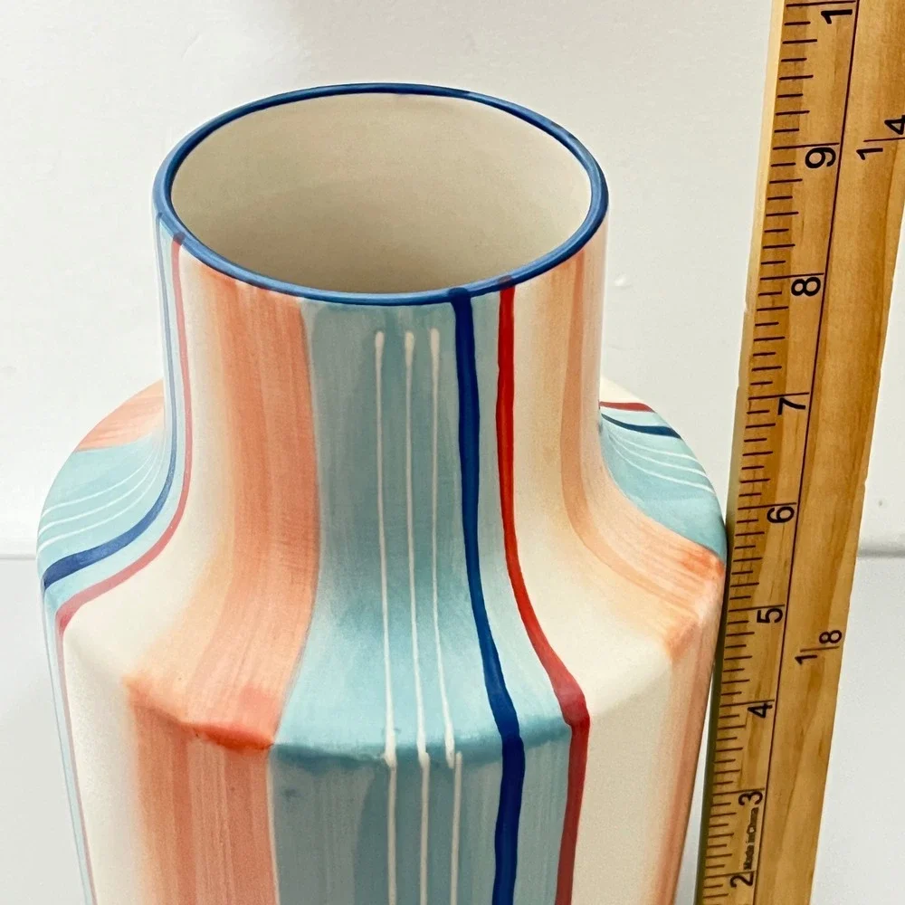Pier 1 Imports Ceramic Vase Home Decor OS Blue Coral Striped Hand‎ Painted 9.5in